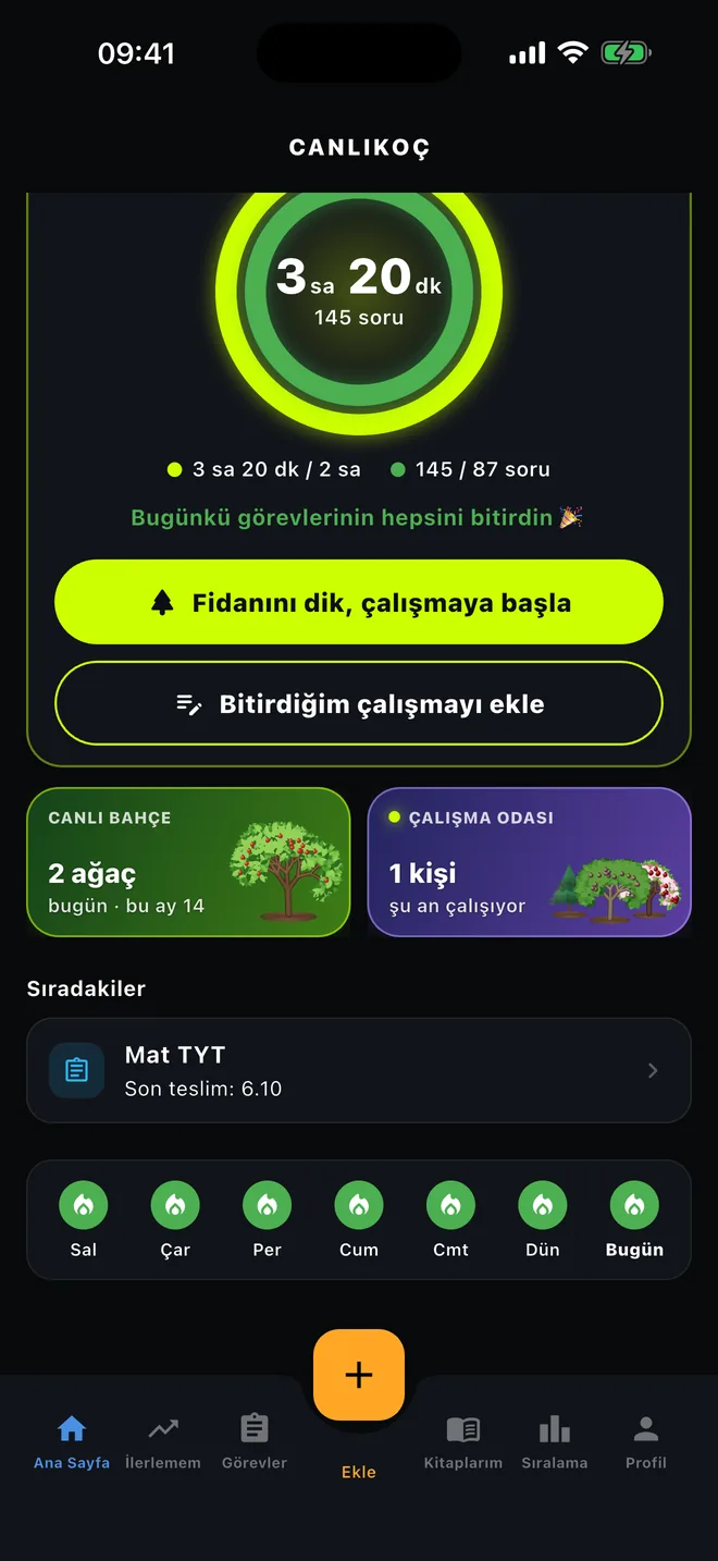 Ana ekran: günlük hedef halkası, Canlı Bahçe ve Çalışma Odası kartları