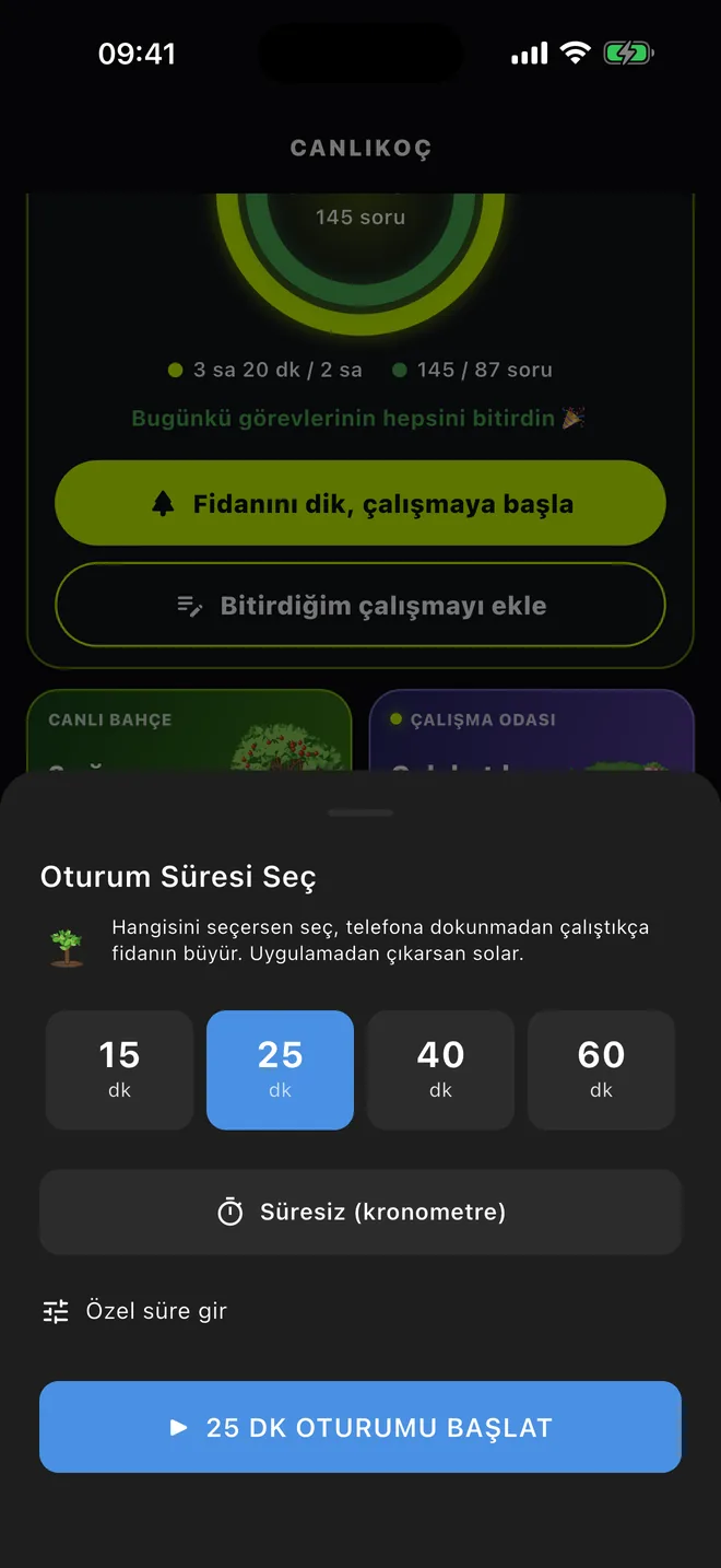 Odak oturumu için süre seçimi