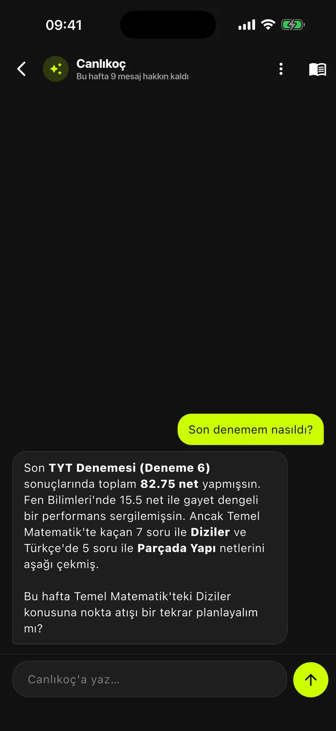 Canlıkoç sohbet ekranı: yapay zekâ koçu son denemeyi yorumluyor