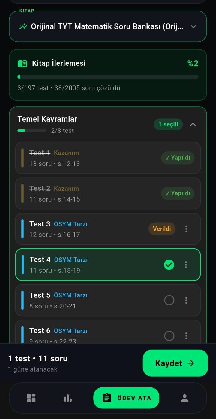 Canlıkoç — kitaptan test seçerek ödev atama ekranı