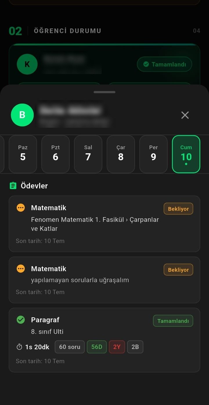 Canlıkoç öğretmen uygulaması — öğrencinin gün gün ödev listesi